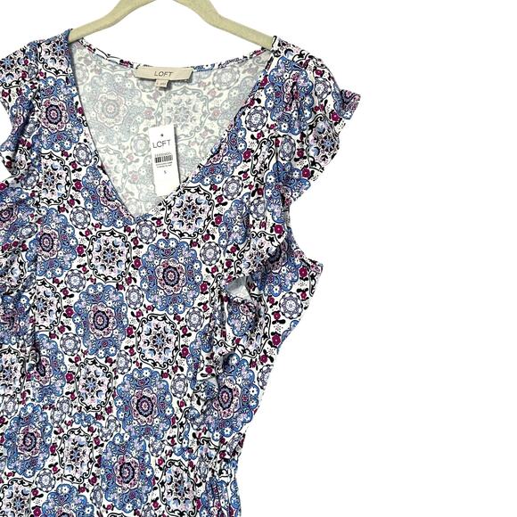 LOFT Medallion Ruffle Flare Dress NWT Women's Sz S Blue White Flowy Stretch - Picture 5 of 8